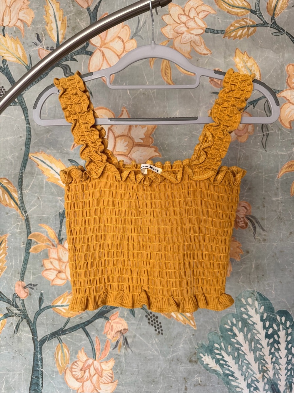 Reformation Jeans Mustard Smocked Ruffle Crop Top M